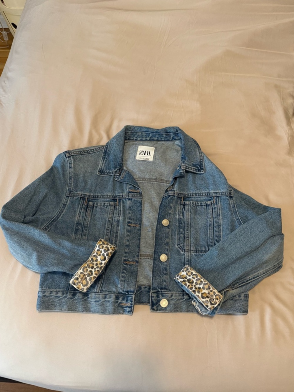 Zara Light Blue Denim Jacket with Animal Print Cuff (Medium)